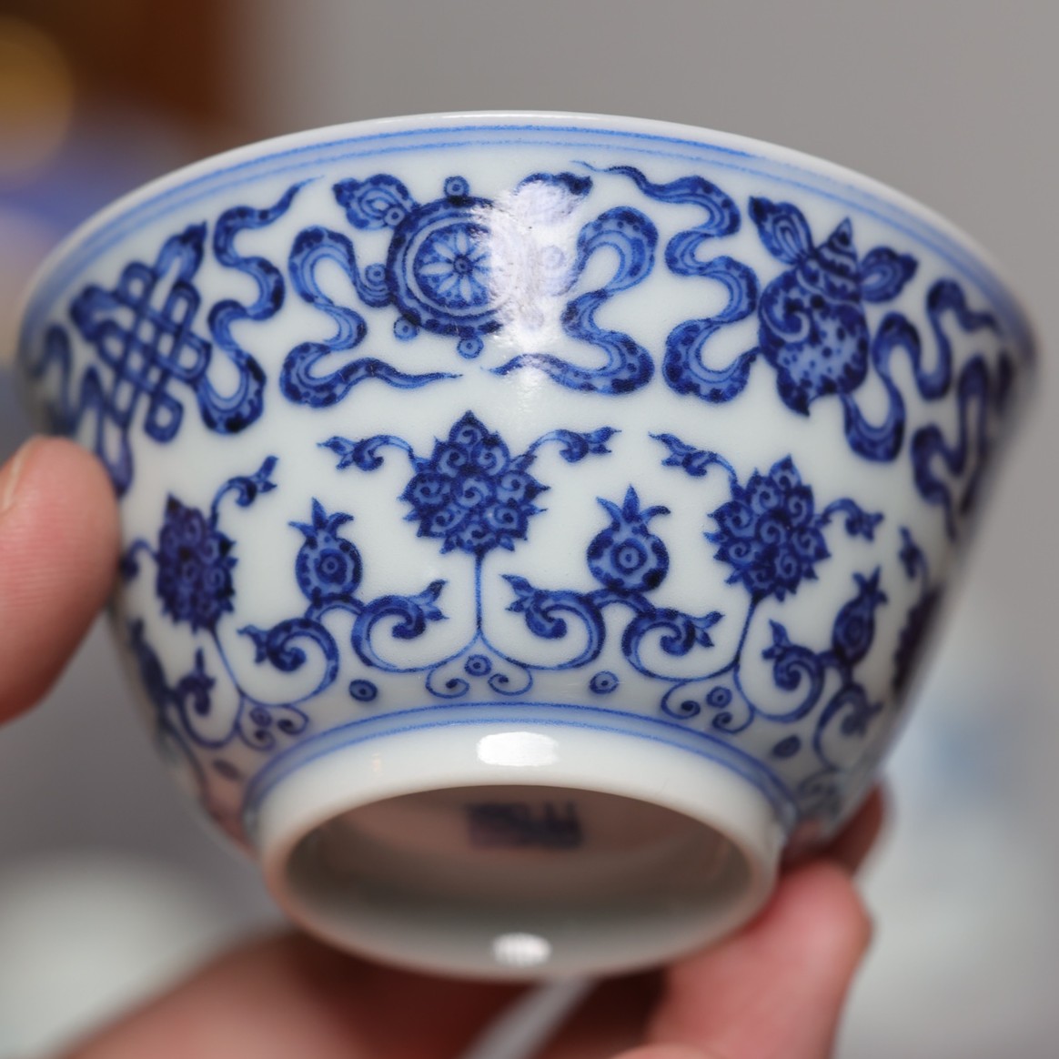 （神工妙造）小愚斋/新品/青花点工莲托八宝纹马蹄杯纯手工主人杯