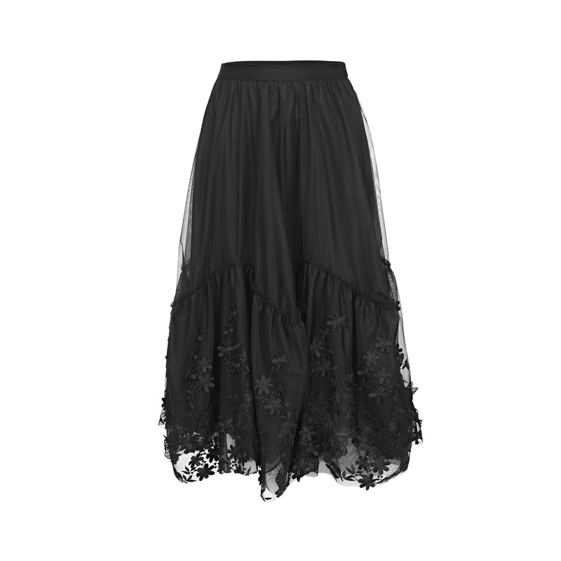 sdeer圣迪奥时尚百搭秋季宽松蕾丝松紧网纱拼接绣花长裙S22161104