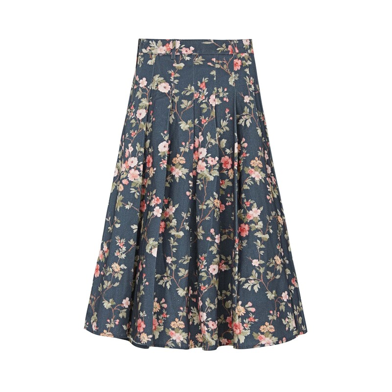 S·DEER圣迪奥百褶显瘦时尚印花复古蓝色碎花女装半身裙S234Z1108