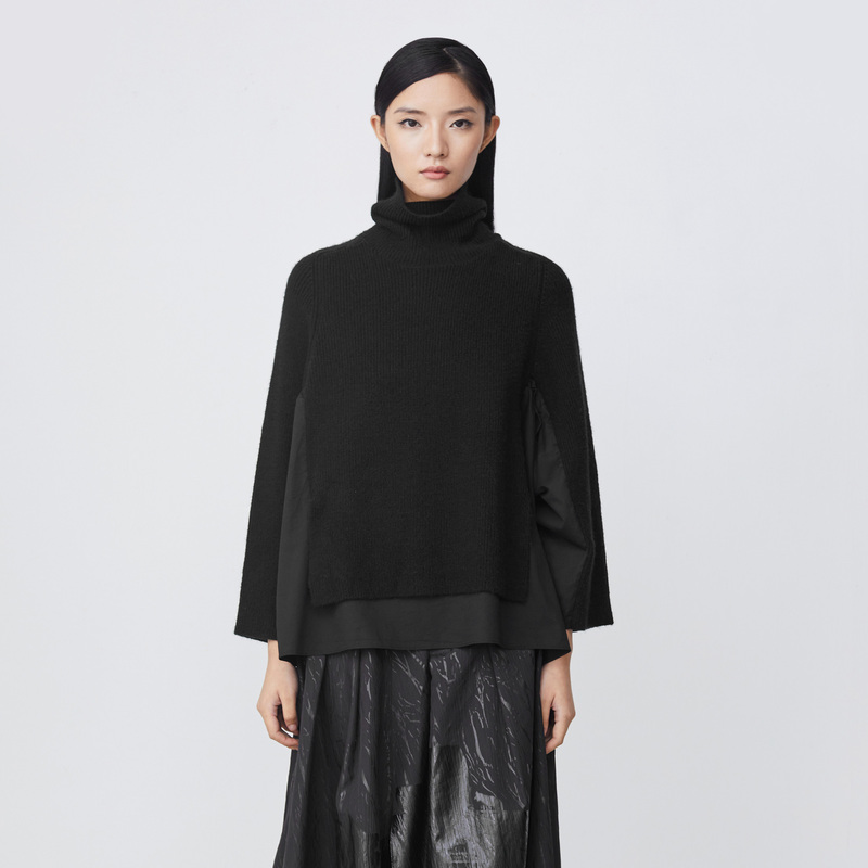 正品罗纹高领开衩拼接半高领圣迪奥不规则黑色毛衣S21483505