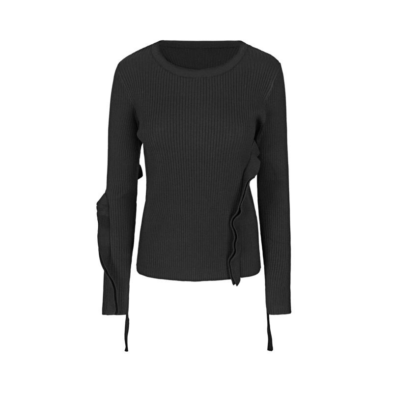 圣迪奥女装时尚百搭黑色罗纹圆领拼接修身针织衫S221Z3511