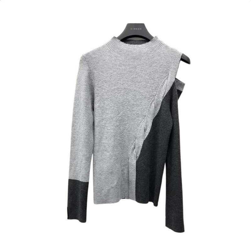 圣迪奥女装罗纹圆领露肩撞色不对称百搭针织衫S244Z3510