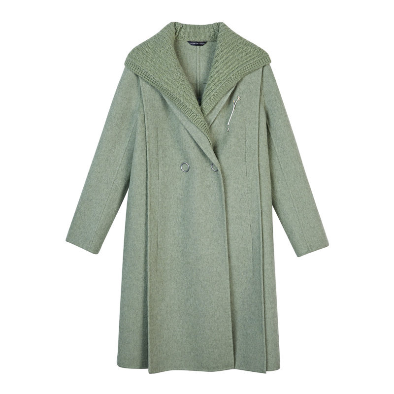 S.DEER秋冬女士双面呢中长款时尚休闲连帽拼接毛呢大衣S20481811