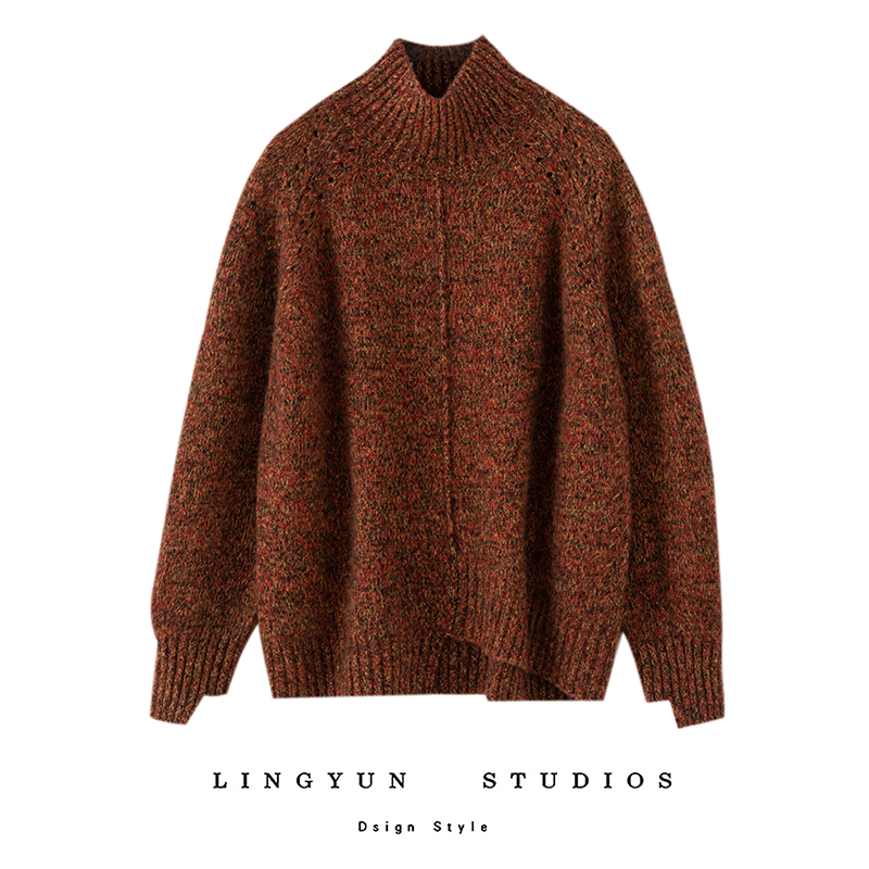 凌云推荐!焦糖色时尚休闲半高领复古花纱针织衫 