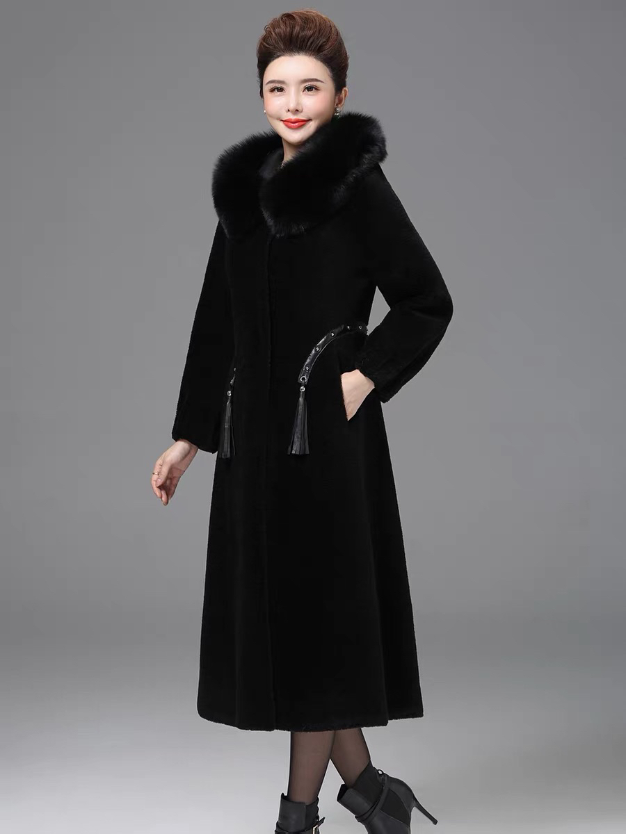 SR女款羊剪绒羊毛大衣2025长款妈妈皮毛皮草外套