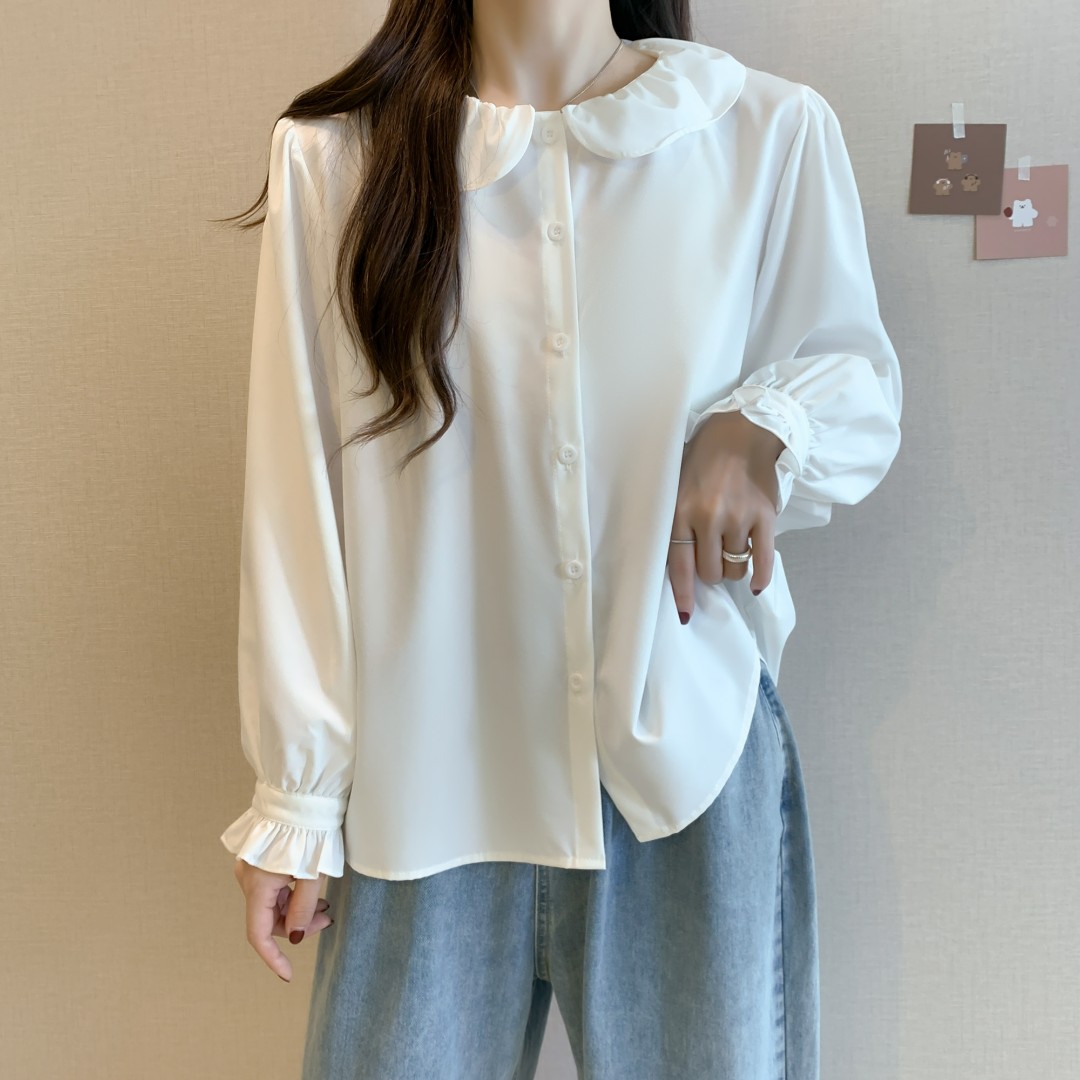 白色衬衫女春季新款设计感气质小众娃娃领衬衣叠穿上衣【23017】