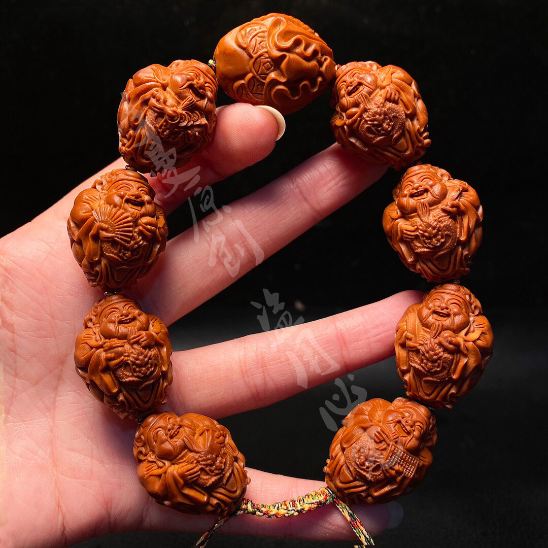 橄榄核老料雕刻「财源滚滚」手串男女盘玩文玩核雕工艺品