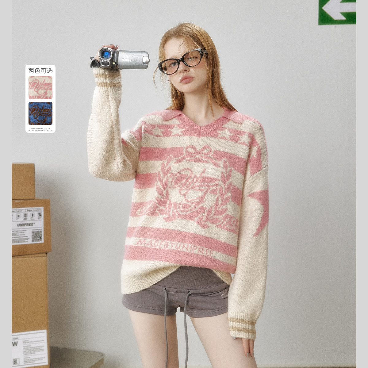 【25年秋款】复古学院风简约提花撞色V领宽松套头针织衫