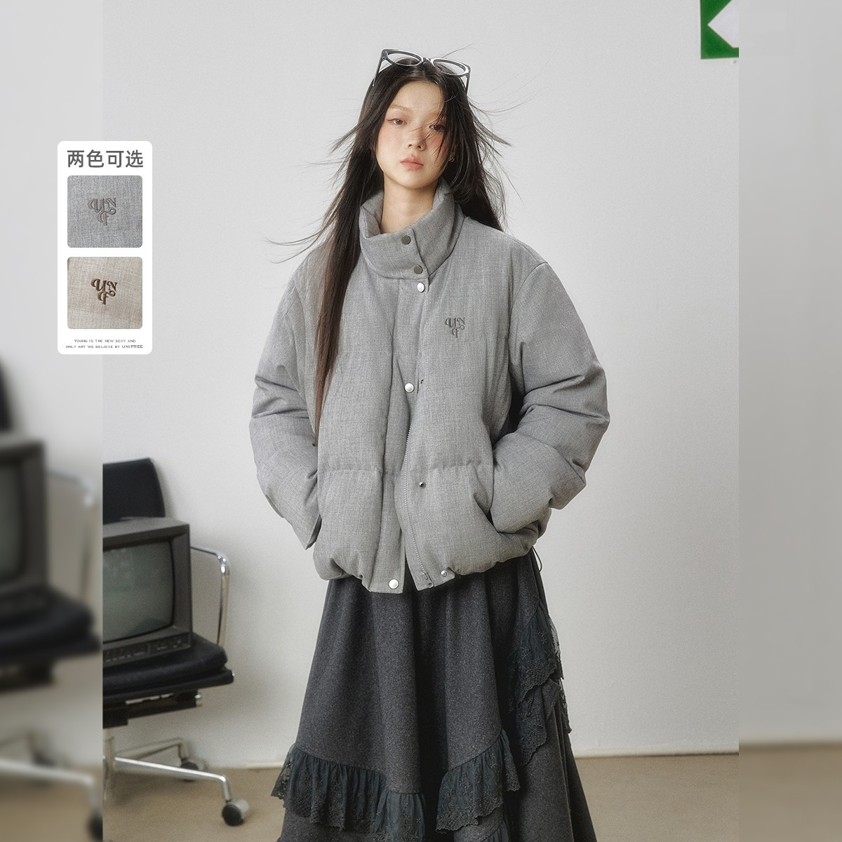 unifree【冬款】通勤时尚简约刺绣休闲减龄保暖立领短款羽绒