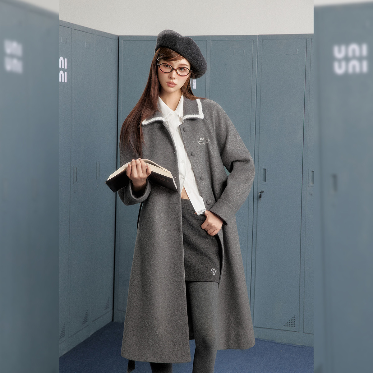 unifree【冬款】甜美温柔格雷系小香风翻领过膝毛呢大衣带腰