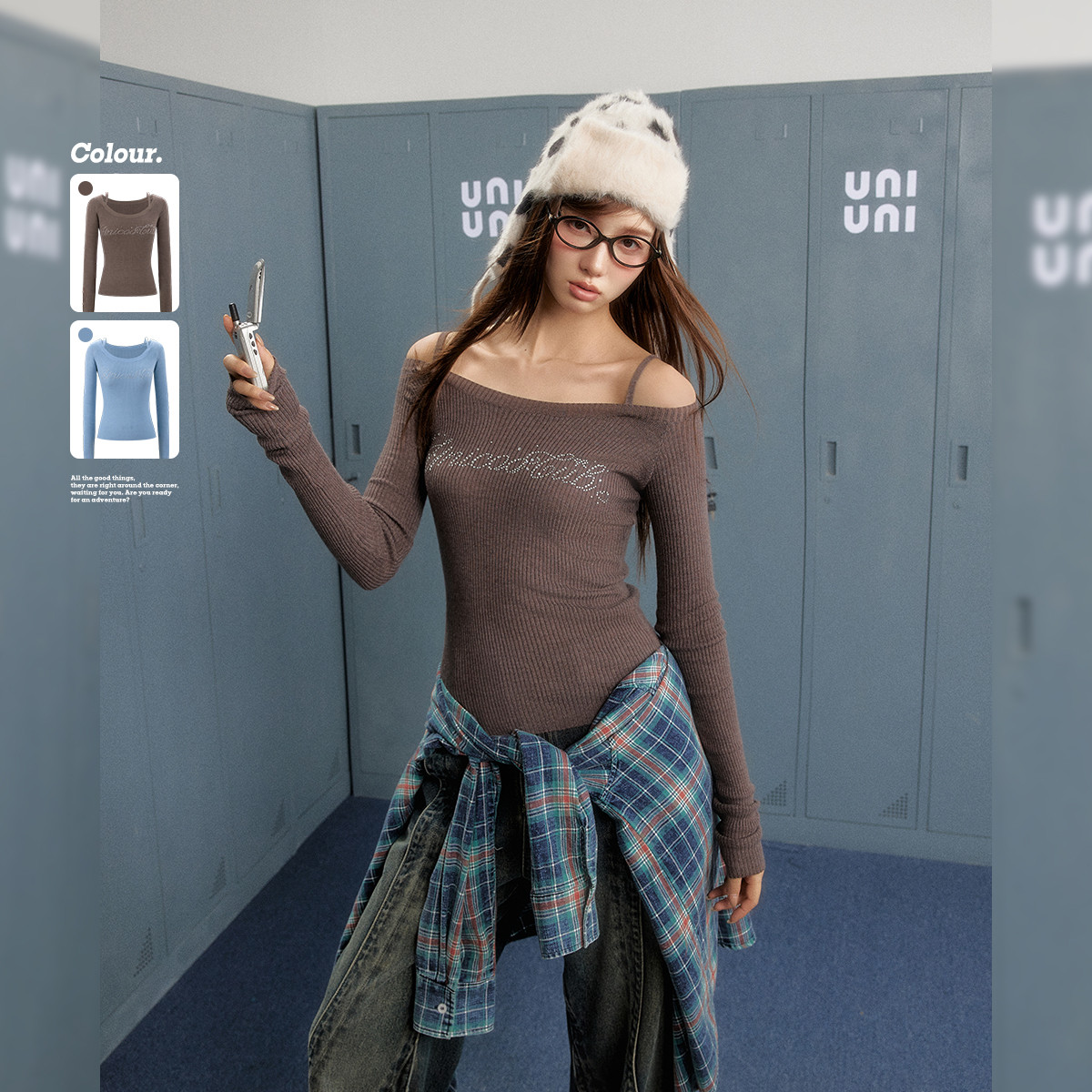 【秋装新品】纯欲长袖针织衫一字肩烫钻性感修身打底上衣