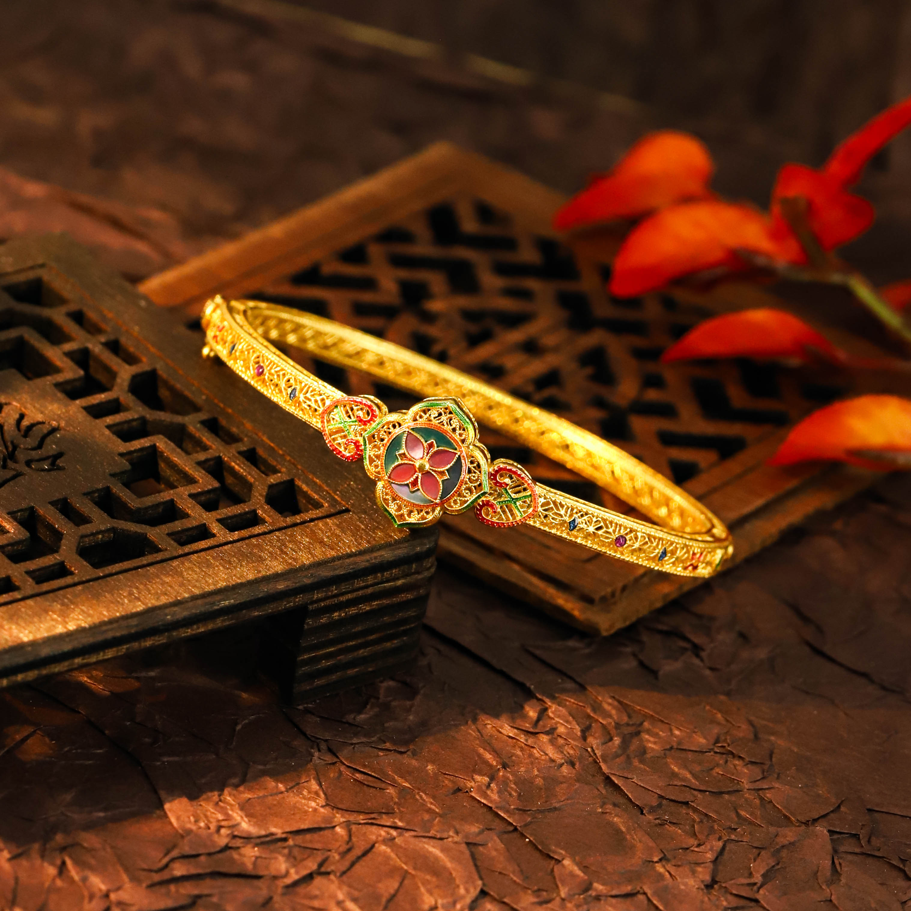 鸣钻国际【晓韵专享】足金999 送礼古法花丝螺钿四叶草镯 HJSZ102