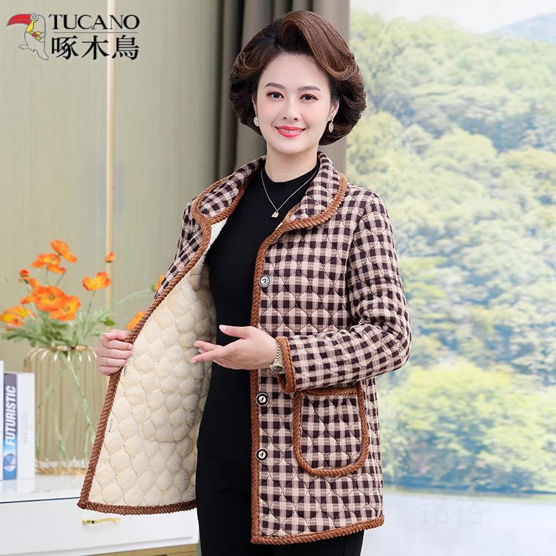 啄木鸟中老年女装妈妈装冬季加绒加厚棉衣外套宽松加肥大尺码棉袄