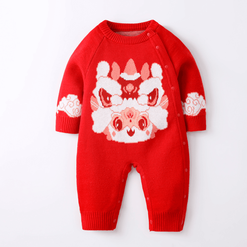 秋季新款喜庆舞狮男女宝宝针织连体毛衣婴幼儿可爱加绒爬服9999