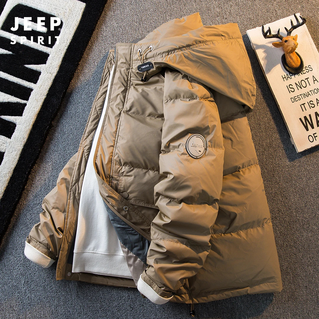 Jeep吉普男士羽绒服冬季连帽防水加厚白鸭绒保暖山系工装外套男款