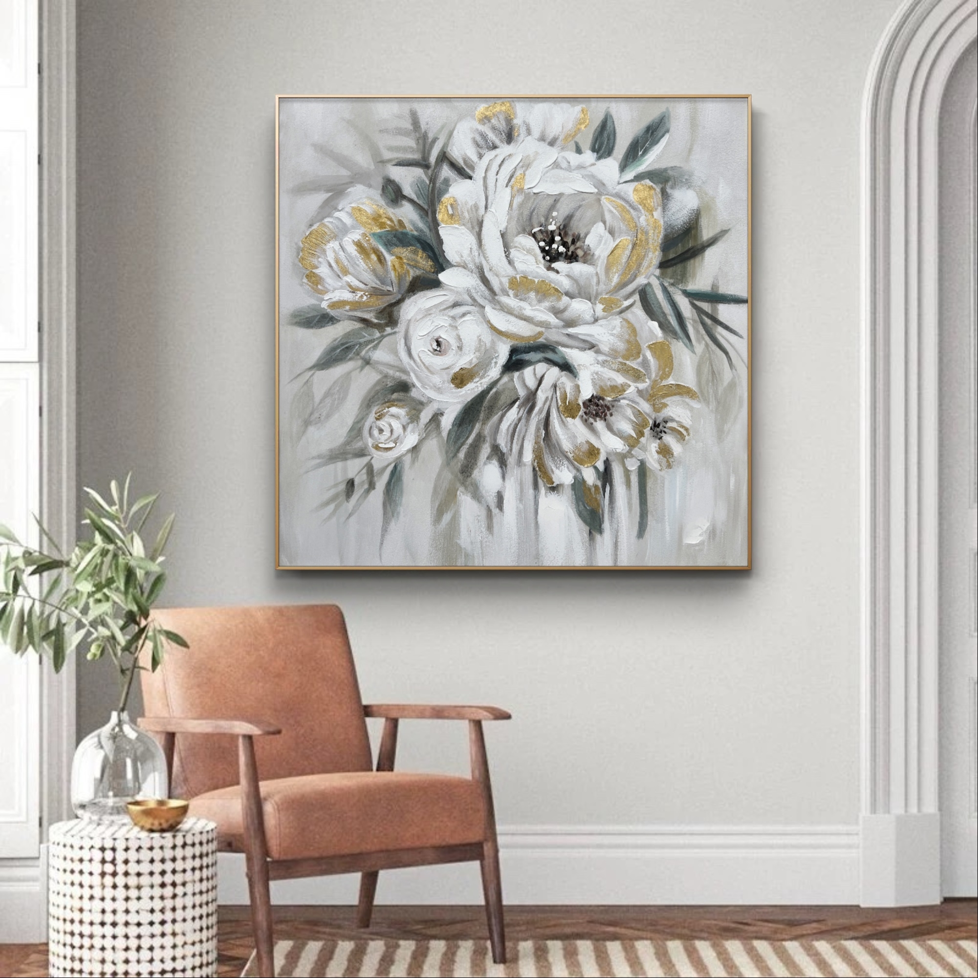 原创设计纯手绘花卉油画《牡丹花》客厅餐厅走廊玄关挂画现代装饰画