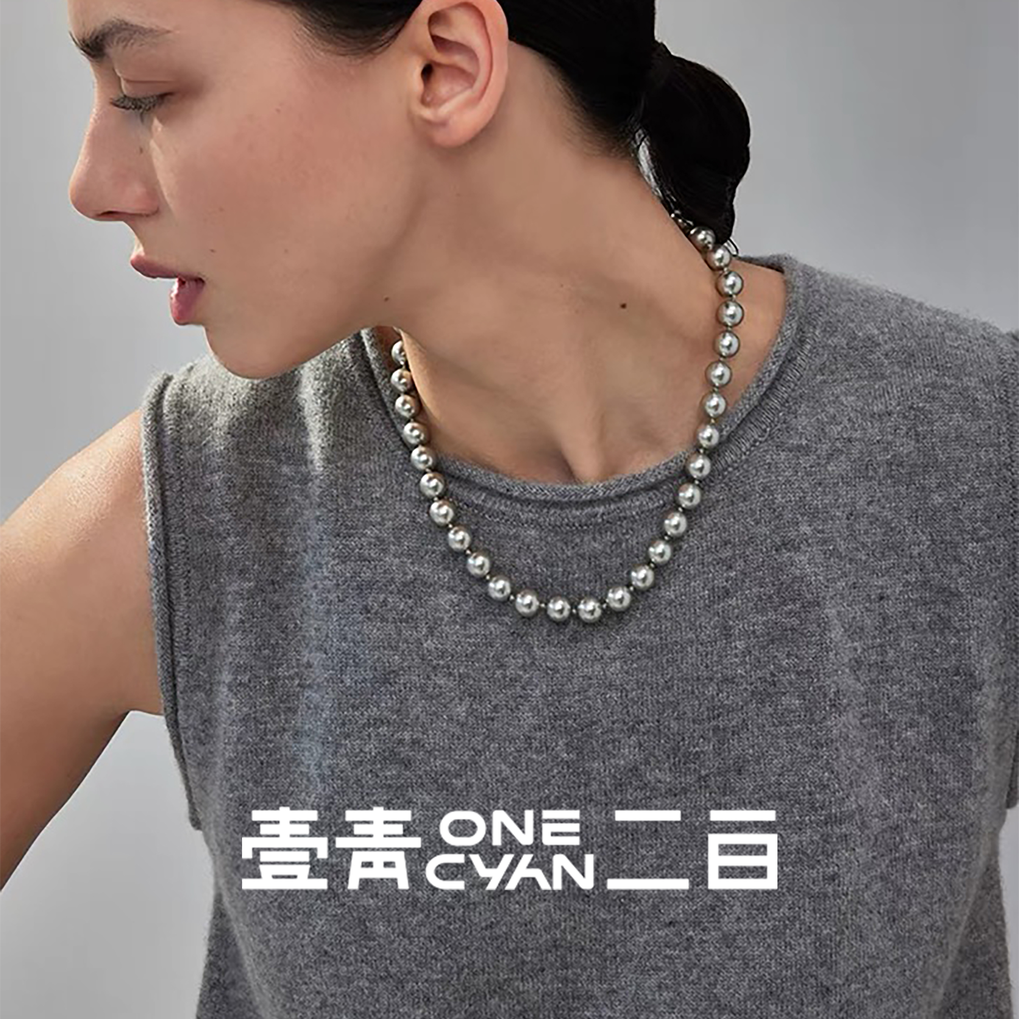 链子925银仿珍珠 《鲛人泪》经典复古灰珍珠项链短项链44+5cm