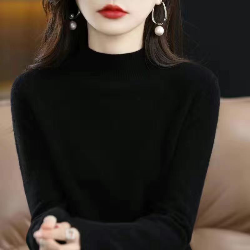 软糯感半高领长袖针织衫毛衣女款内搭打底衫修身显瘦百搭纯色上衣