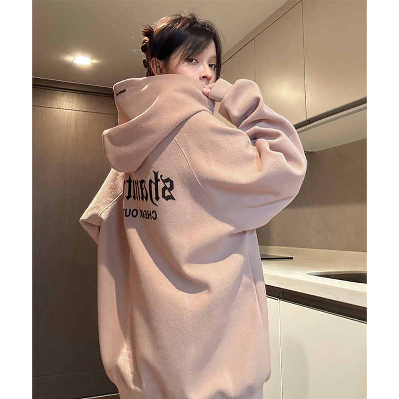 粉色山东即墨卫衣男秋冬款中性风美式高克重插肩袖情侣外套连帽衫