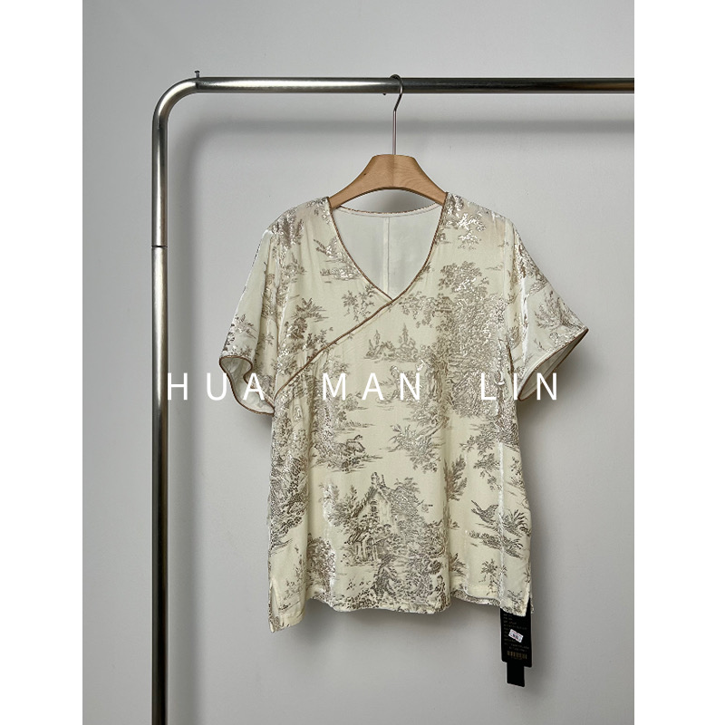 花滿林V领烫金工艺定染色真丝桑蚕丝丝绒上衣8226