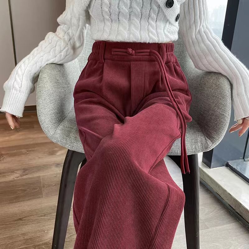 雪尼尔阔腿裤女加绒保暖秋冬新中式盘扣高腰直筒百搭拖地休闲长裤