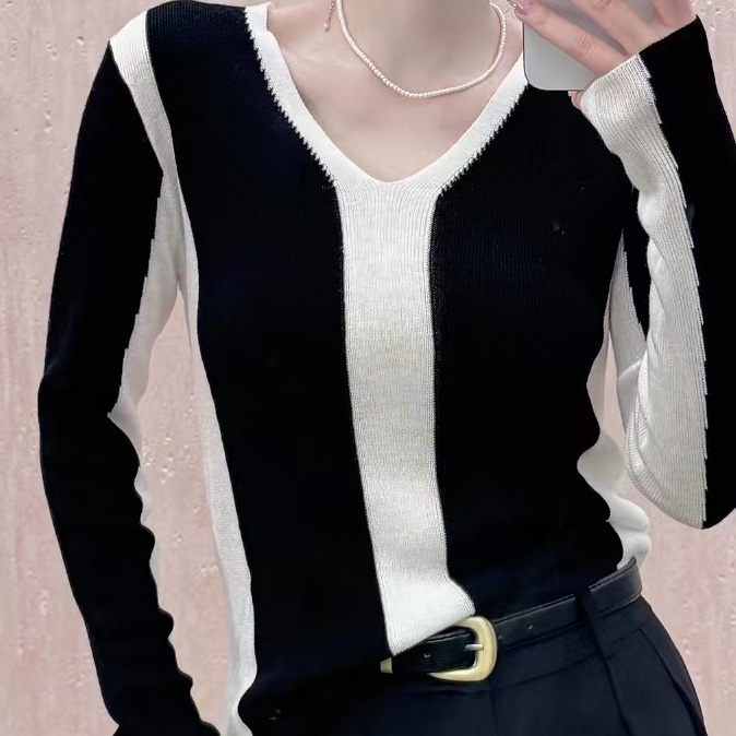 欧若风秋冬上新失序混搭长袖针织衫显瘦气质网红时尚百搭撞色拼色