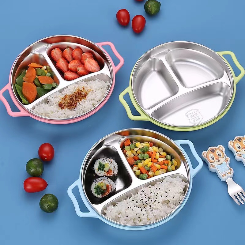 304不锈钢炫彩双耳儿童餐盘幼儿园学生分格餐盘带盖密封三格饭盘