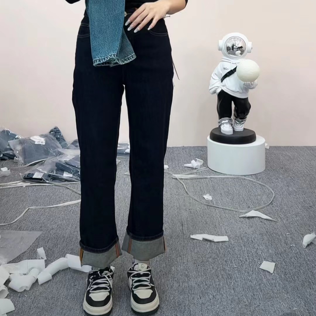 品牌橘-蓝色 牛仔裤女冬季高腰宽松时尚百搭显瘦直筒裤