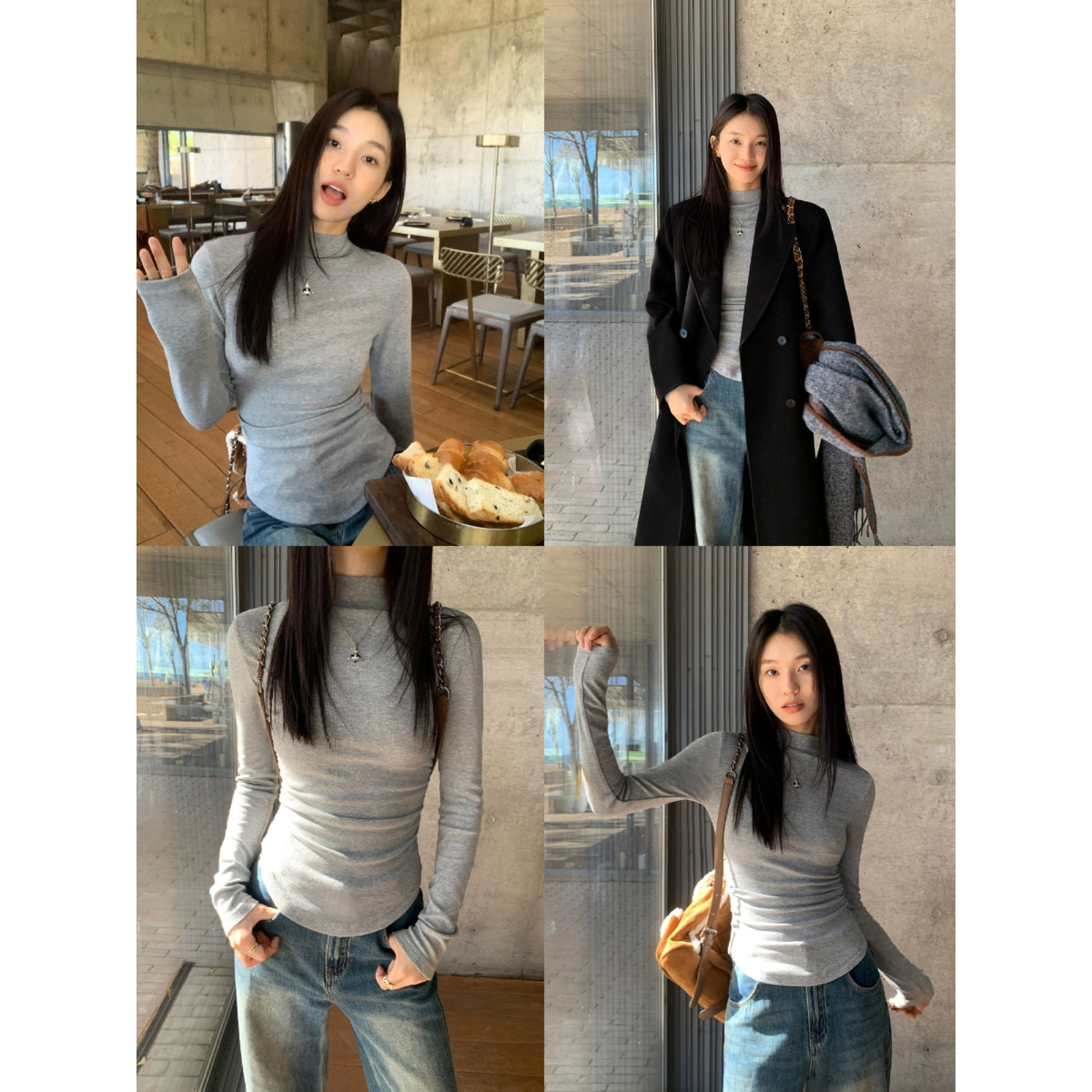 叠穿心机褶皱小个子打底衫女秋冬德绒韩版修身立领长袖t恤女 短款