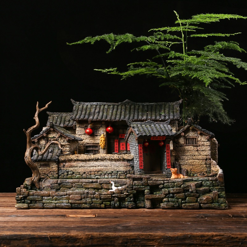 圆点中国风田园老房子微景观花盆模型造景复古盆栽工艺品装饰摆件