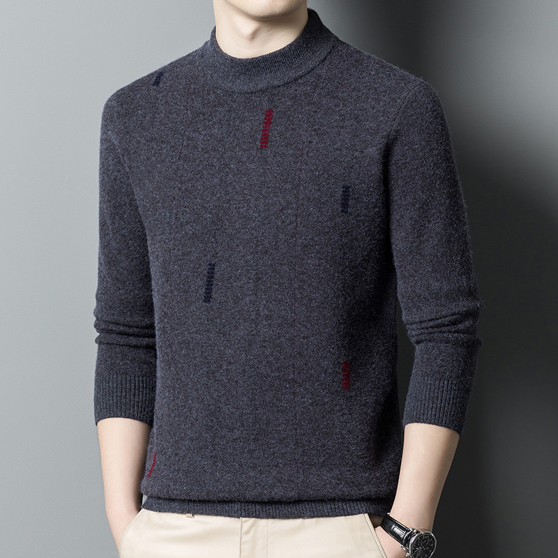 鄂尔多斯市半高领毛衣青中年提花冬款加厚羊毛衫男式100%纯羊毛衫