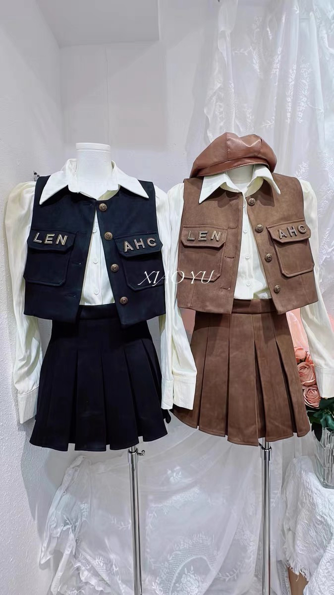 2024新款小众秋季鹿皮绒短款马夹+衬衫+半身裙三件套套装