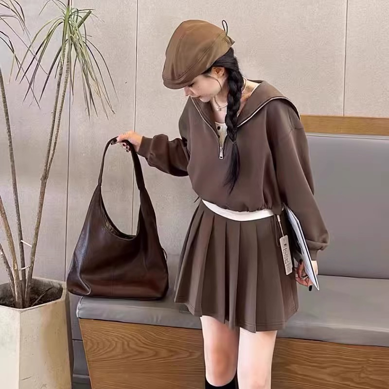 休闲运动半身裙套装裙2024秋季半拉链卫衣小个子时尚洋气三件套