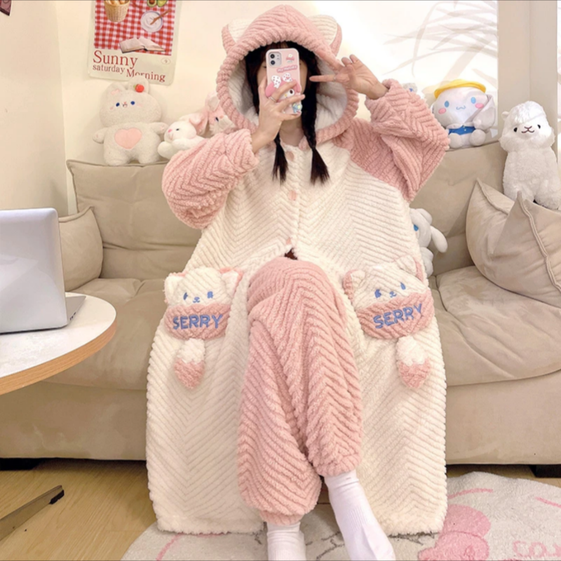 秋冬女新款2024法兰绒睡袍加绒加厚珊瑚绒套装爆款冬季家居服睡衣