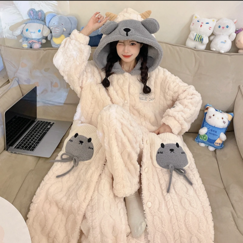 秋冬黑色小恶魔连帽长款睡袍米粒绒懒人袍浴袍加厚大码睡衣家居服