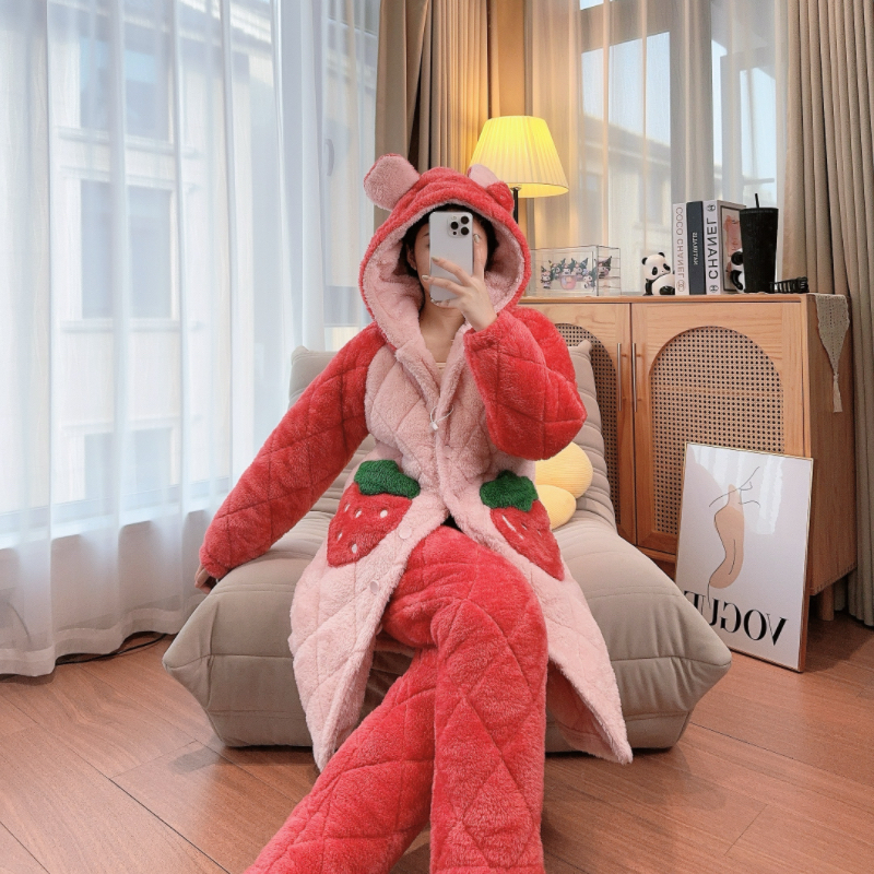 冬装睡衣女秋冬季加绒加厚珊瑚绒三层夹棉保暖可外穿家居服套装