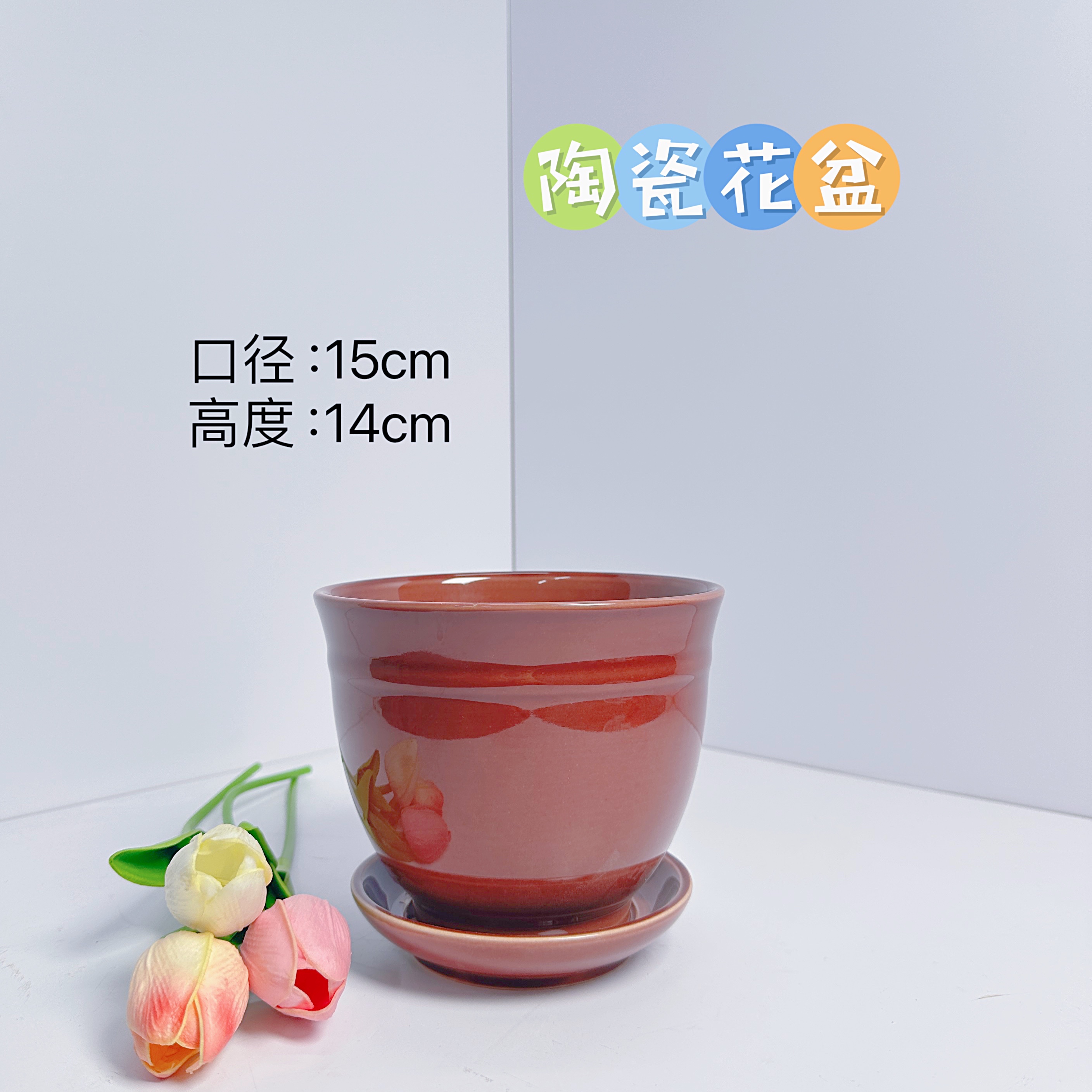 陶瓷花盆(微瑕)配带陶瓷托盘棕红色口15高14分蝴蝶兰文竹多肉花盆