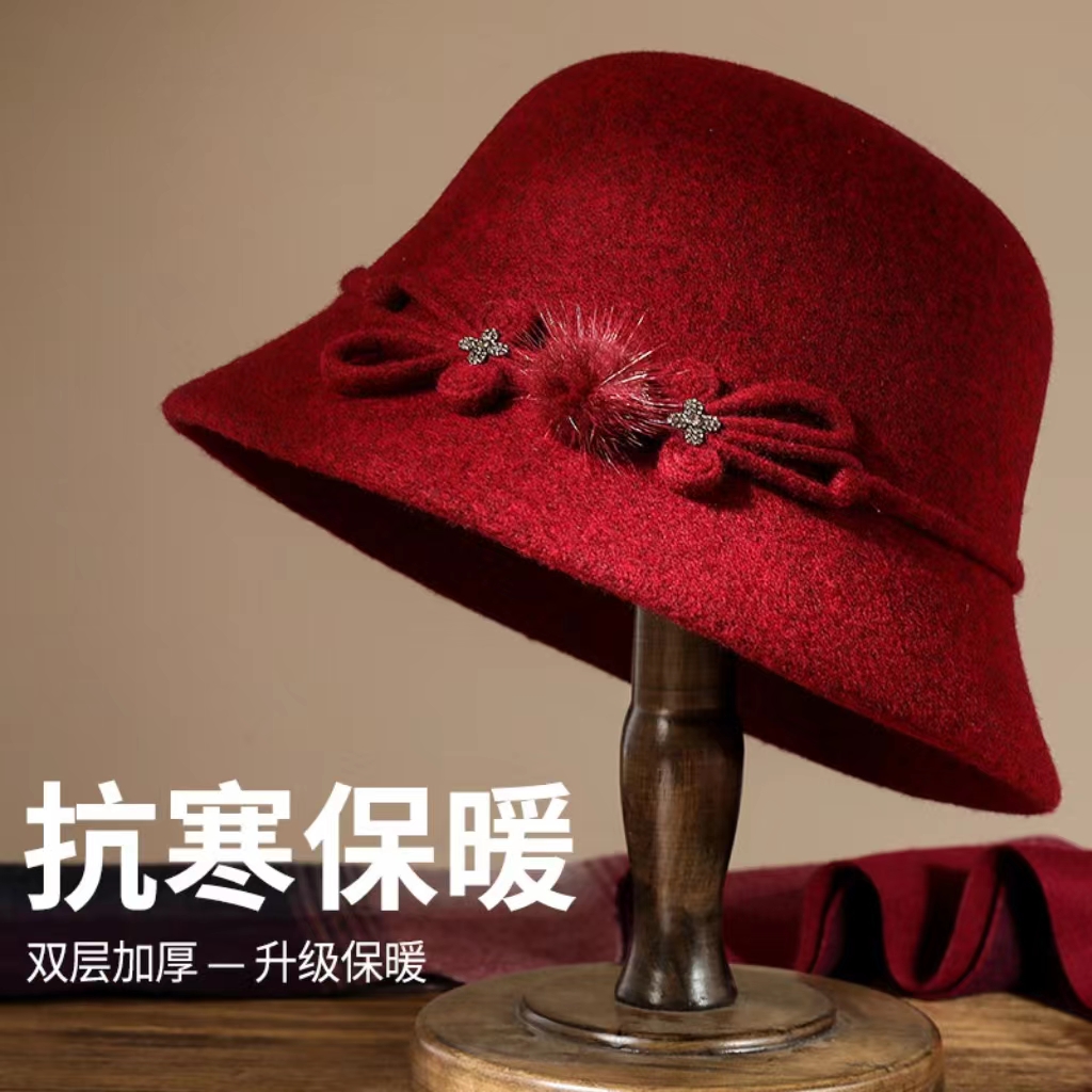 毛呢帽中老年人妈妈帽子女士秋冬季奶奶加厚保暖毛呢盆帽婆婆礼帽