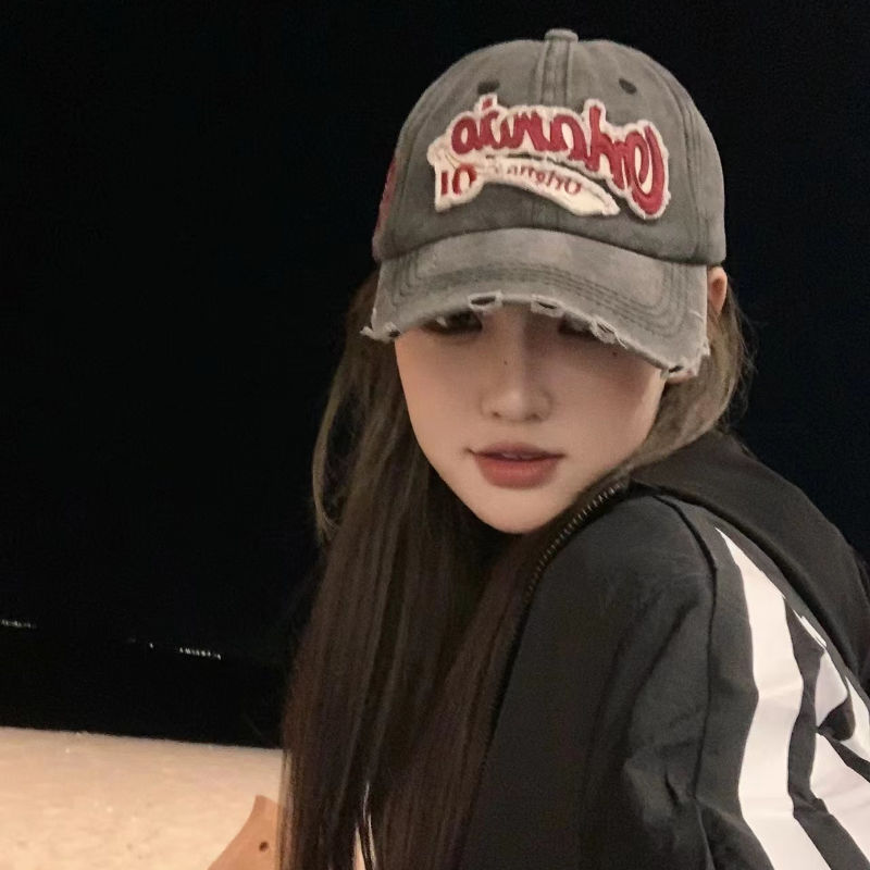 棒球帽子女夏季复古破洞休闲大头围显脸小宽檐遮阳防晒鸭舌帽百搭