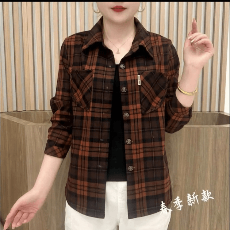 2025衬衫女洋气长袖外穿宽松显瘦春秋格子上衣薄款阔太太气质上衣