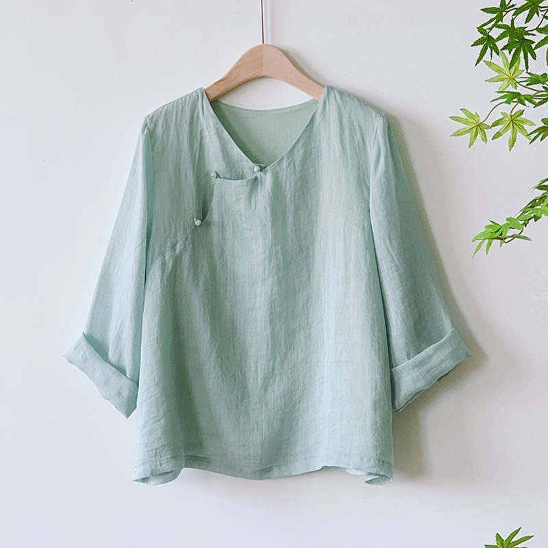 【冰蓝套装】夏季新中式设计款清新纯色苎麻上衣裤子套装 51757