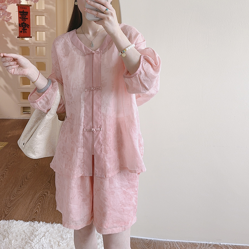 【云淡套装】夏季新中式苎麻暗纹烧花国风盘扣开衫短裤套装  51668