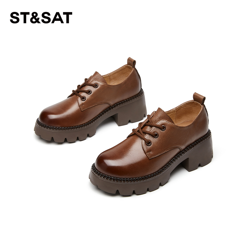 星期六女式时尚厚底粗跟圆头系带复古英伦风秋季学院风小众乐福鞋