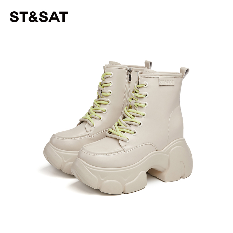 星期六女式时尚厚底圆头英伦风休闲秋冬百搭中筒潮流小众马丁靴