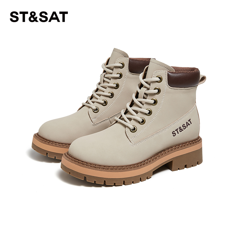 星期六女式时尚百搭秋冬复古潮流英伦风圆头系带粗跟小众马丁靴