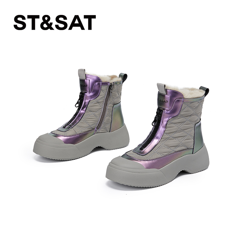 星期六女士潮流百搭休闲防滑厚底加绒加厚保暖冬季圆头时尚雪地靴