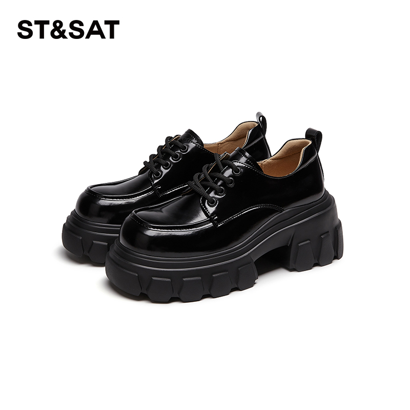 星期六品牌女鞋复古百搭圆头高跟春季新款厚底英伦风乐福小皮鞋