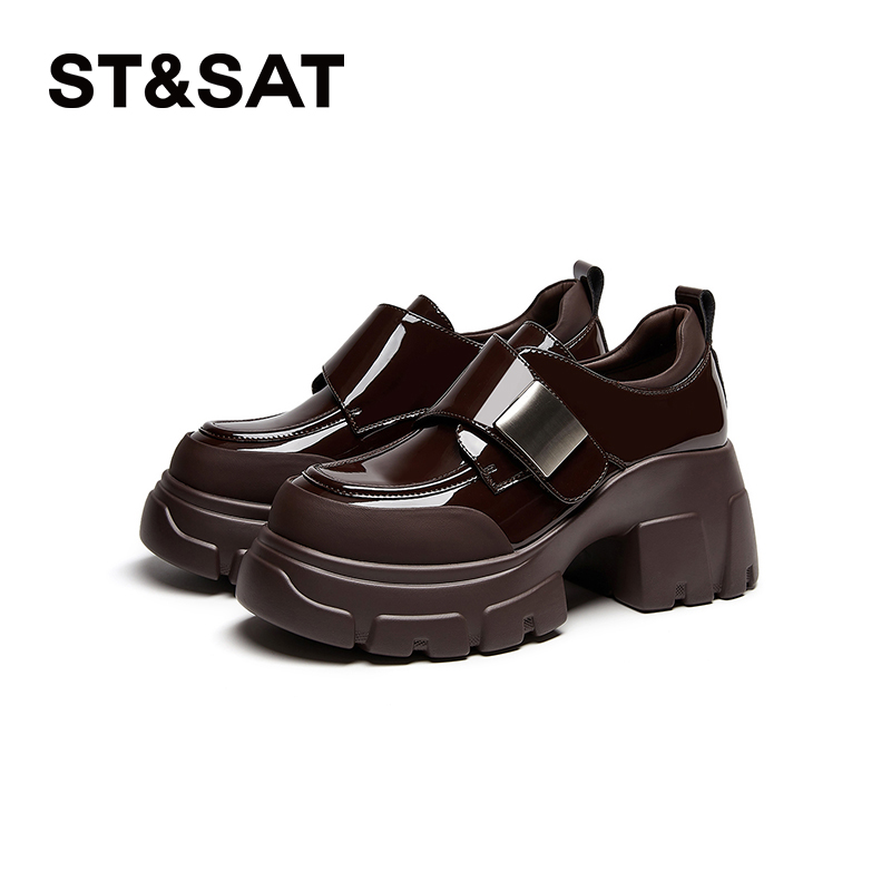 星期六女士休闲百搭秋款复古英伦学院风圆头系带粗跟时装乐福鞋