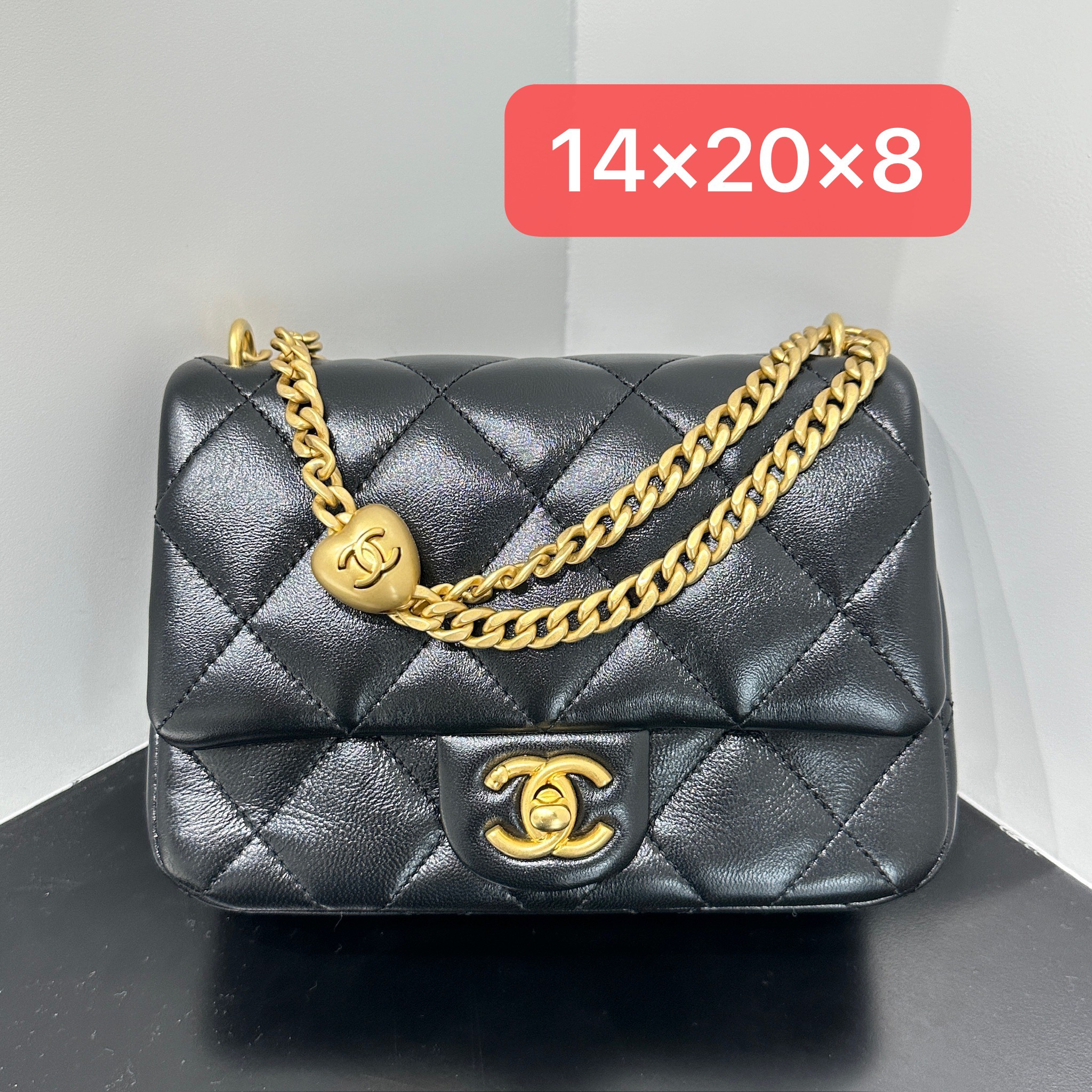 全新未使用 Chanel/香奈儿 25C爱心调节扣羊皮方胖子链条斜挎包