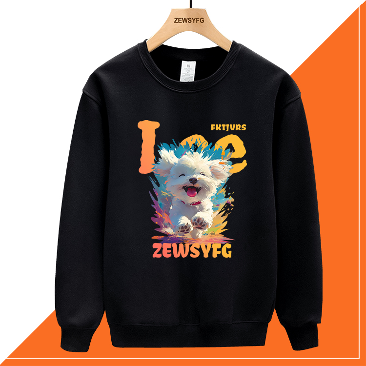 2024新款秋冬潮牌小狗印花加绒加厚男士卫衣男款长袖百搭套头上衣